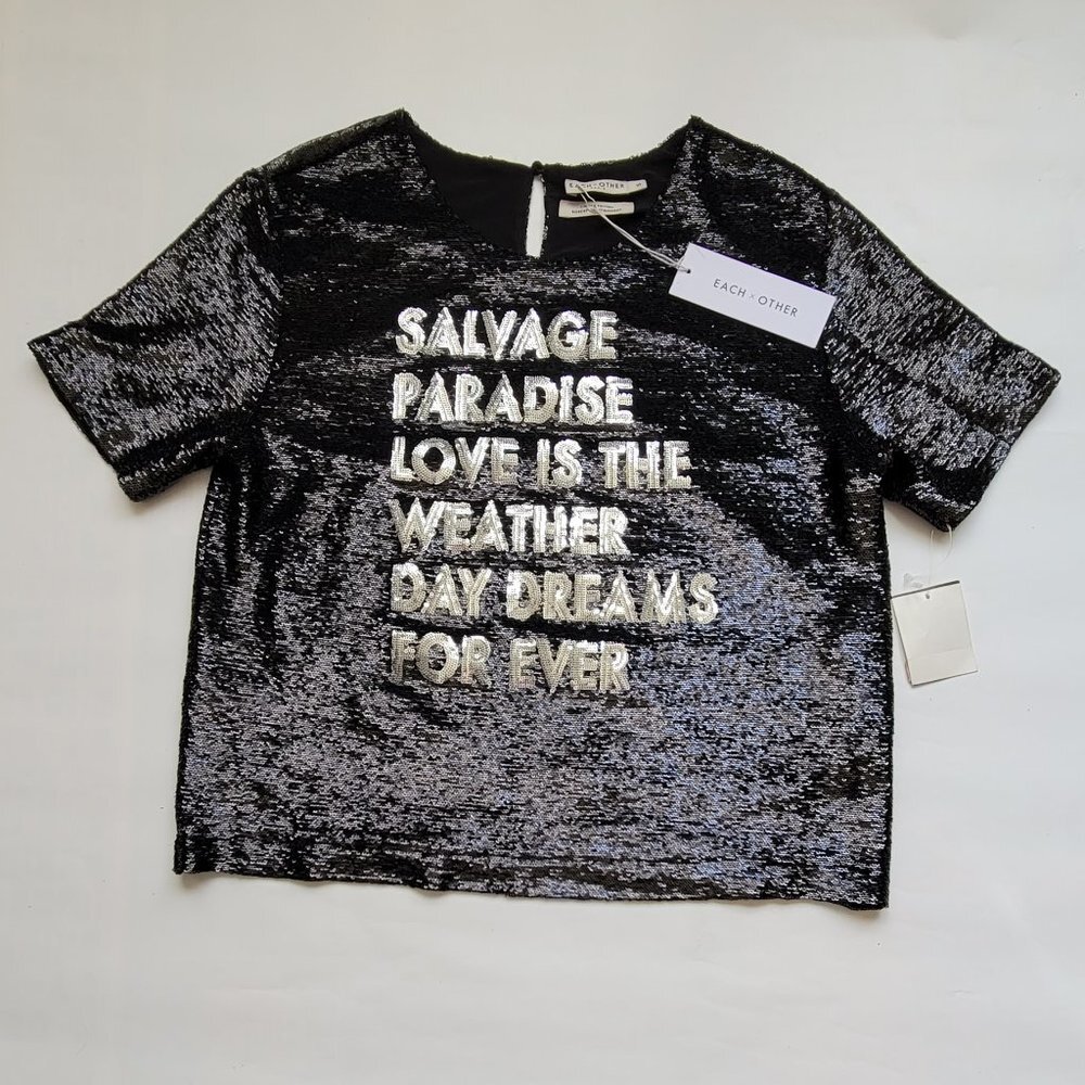 WOMEN SEQUIN TOP WITH GRAPHIC TEXT SIZE S NWT